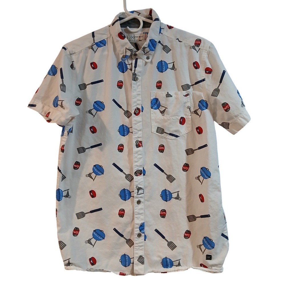 Depart West Medium Mens White BBQ Grill Print Short Sleeve Button Down Shirt